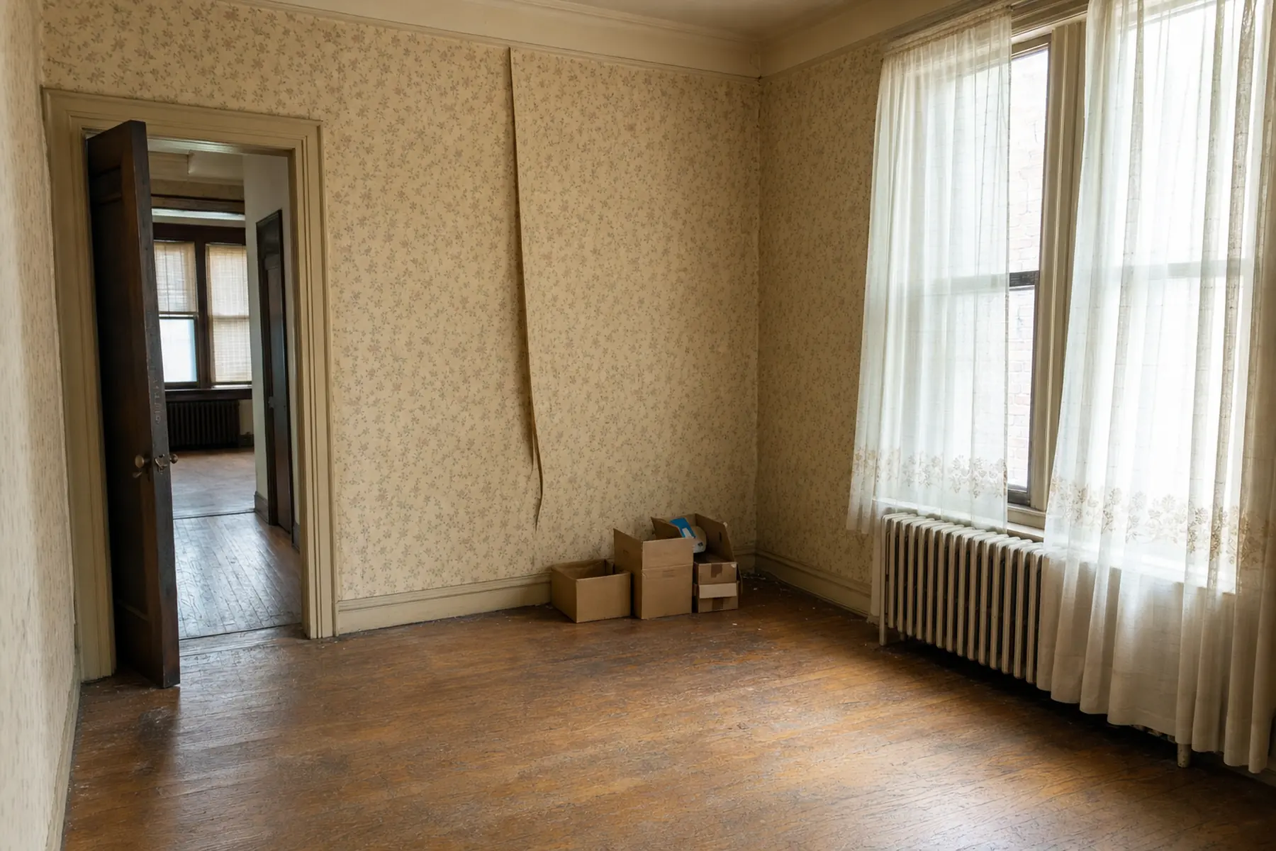 An empty room in an older house with worn hardwood floors, dated wallpaper, an old radiator, and a few leftover moving boxes.