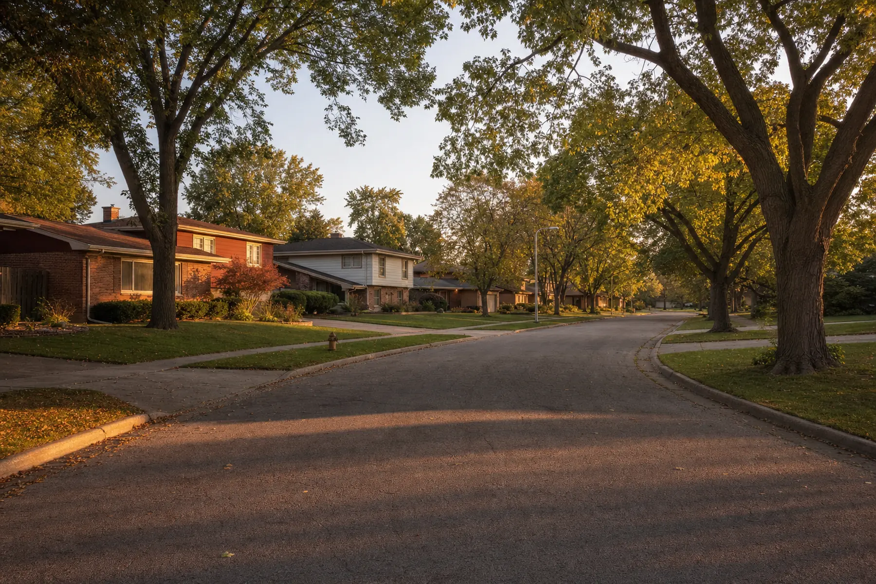 A quiet curving suburban street lined with brick ranch houses and mature trees in the evening light.